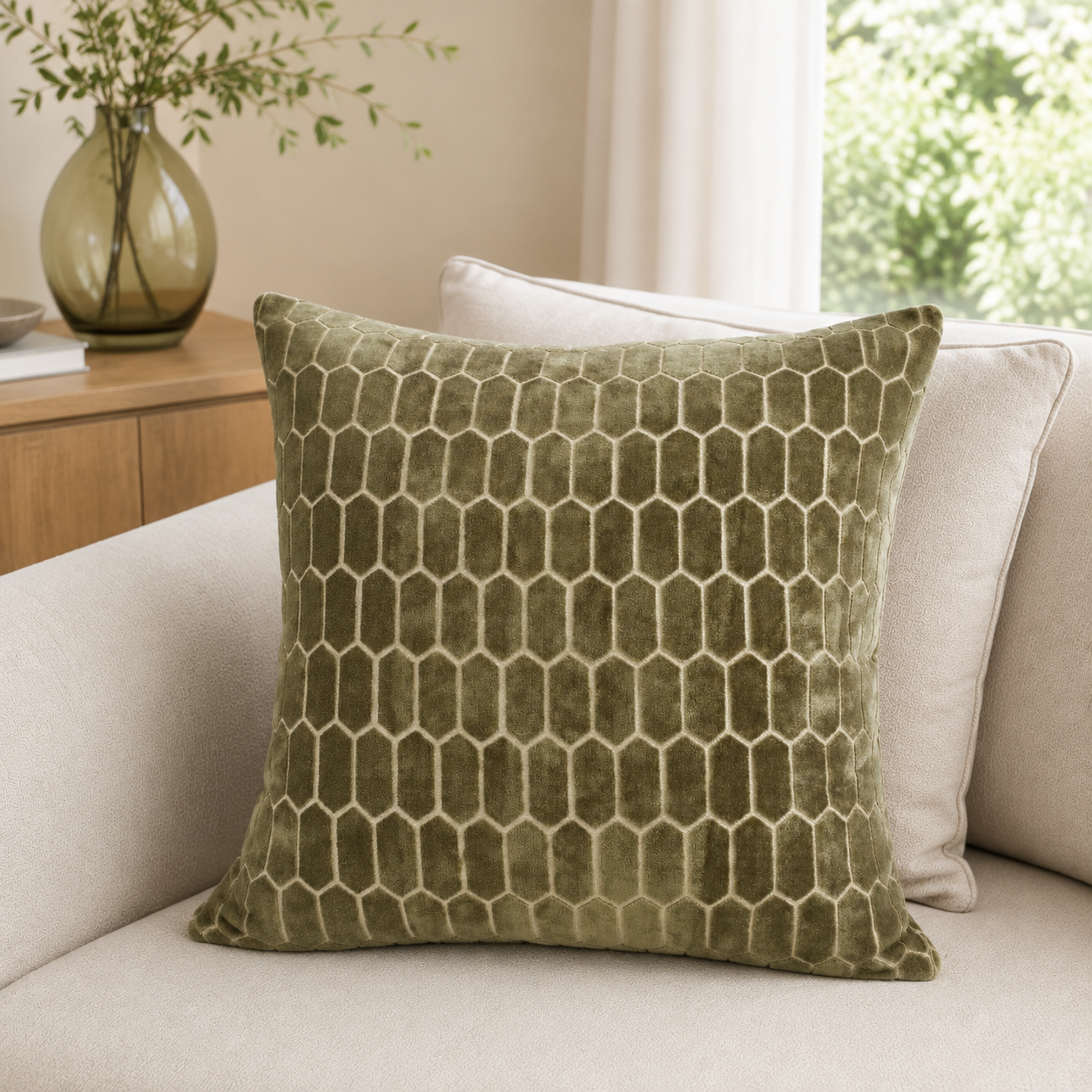 Malini Cut Velvet Honeycombe Olive Square Cushion 56x56 lifestyle image