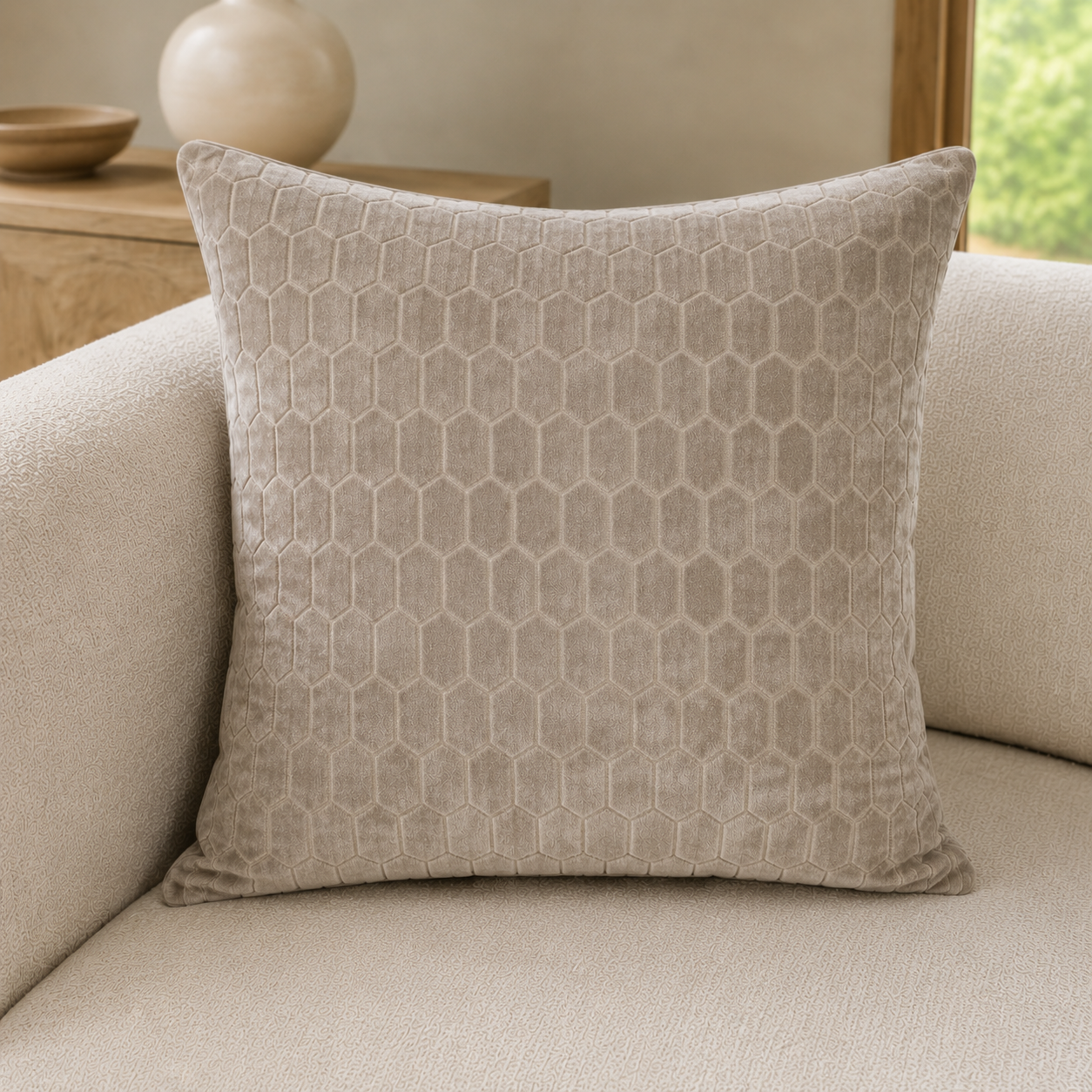 Malini Cut Velvet Honeycombe Taupe Square Cushion 56x56 lifestyle image