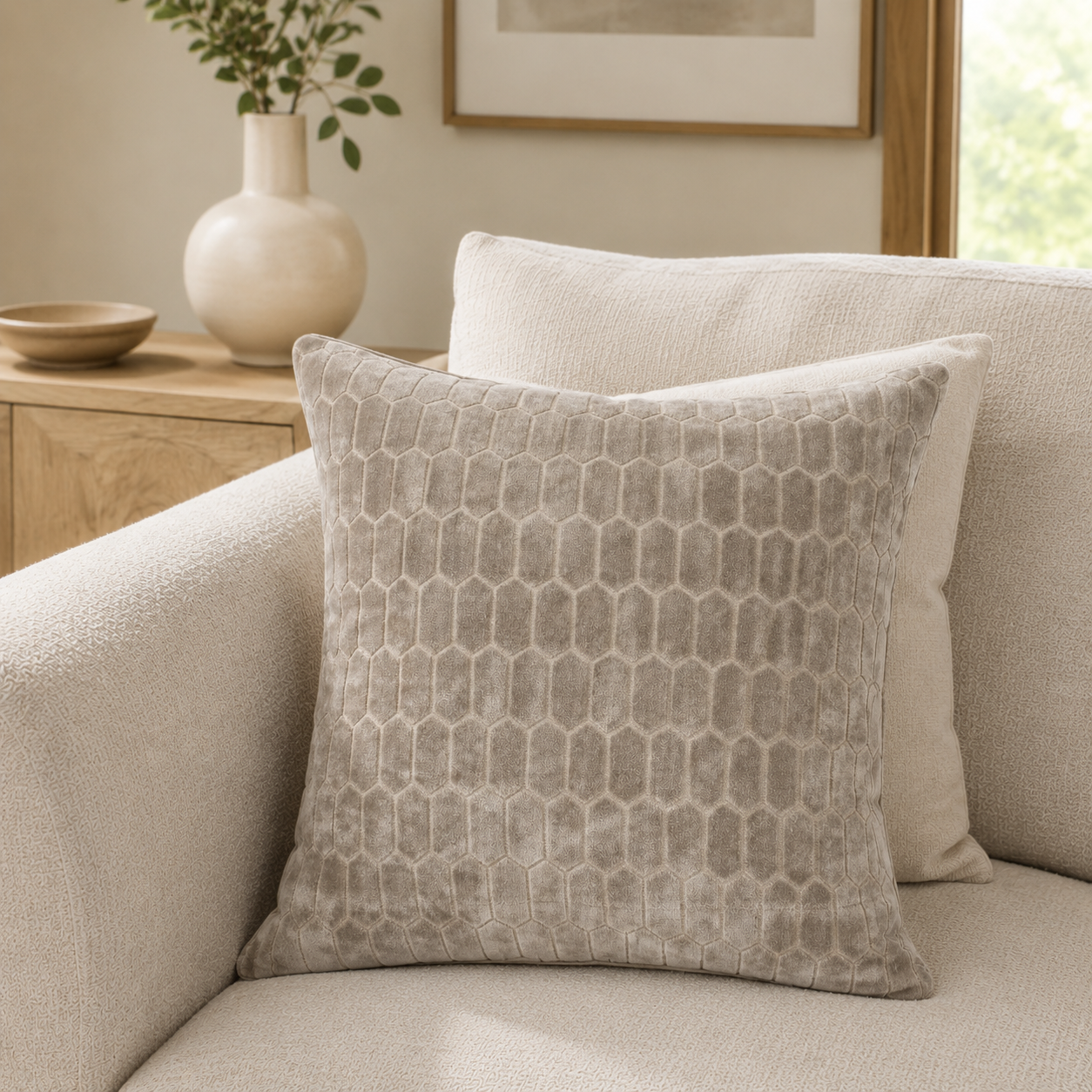 Malini Cut Velvet Honeycombe Taupe Square Cushion 56x56 lifestyle image
