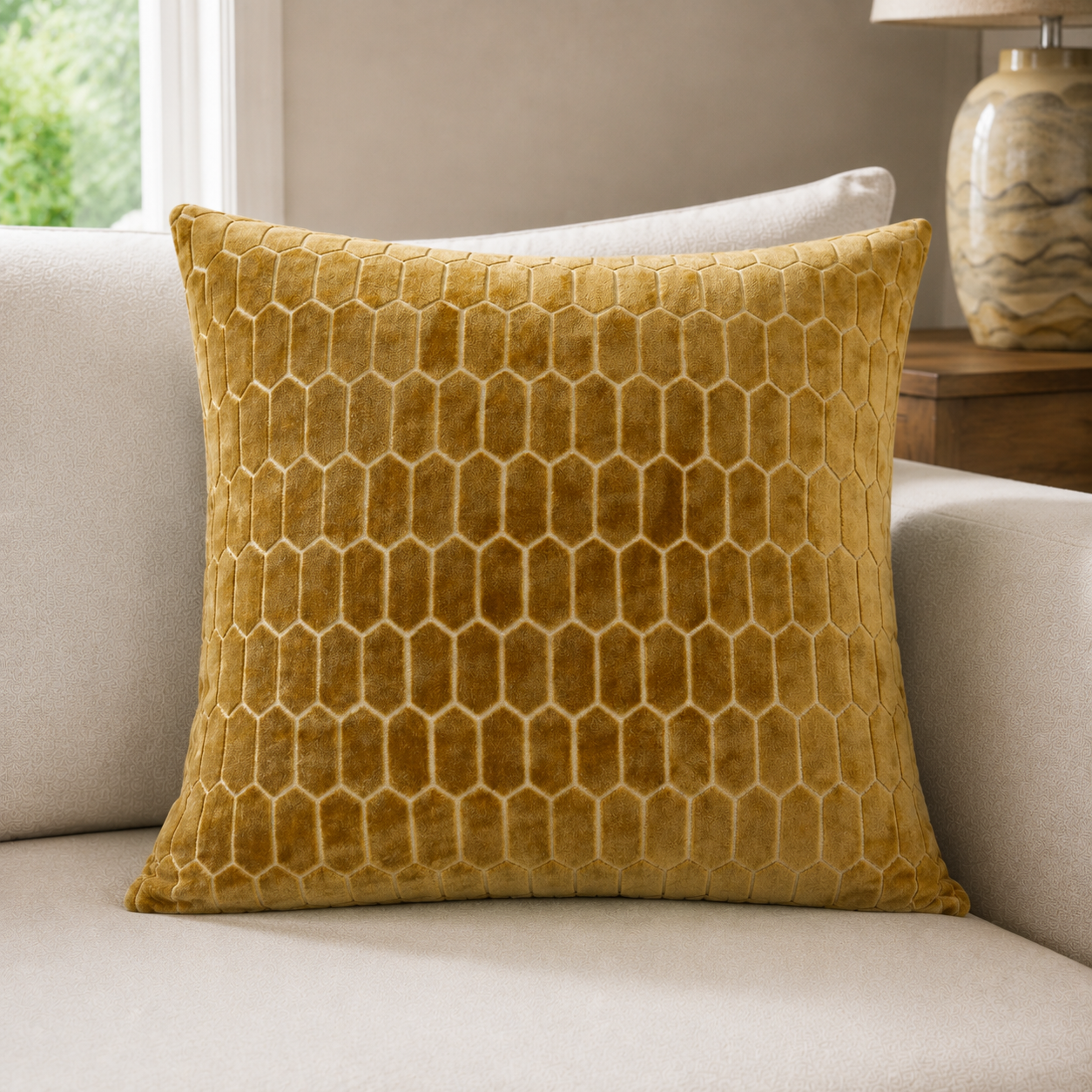 Malini Cut Velvet Honeycombe Whiskey Square Cushion 56x56 lifestyle image