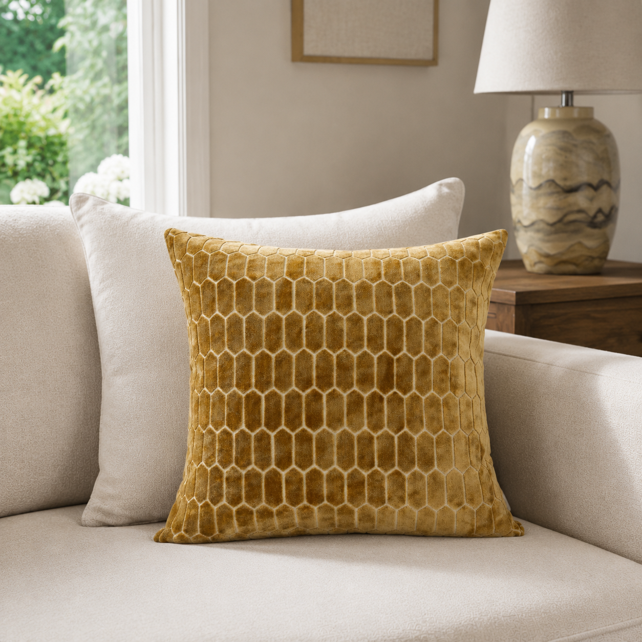 Malini Cut Velvet Honeycombe Whiskey Square Cushion 56x56 styled on light neutral furniture