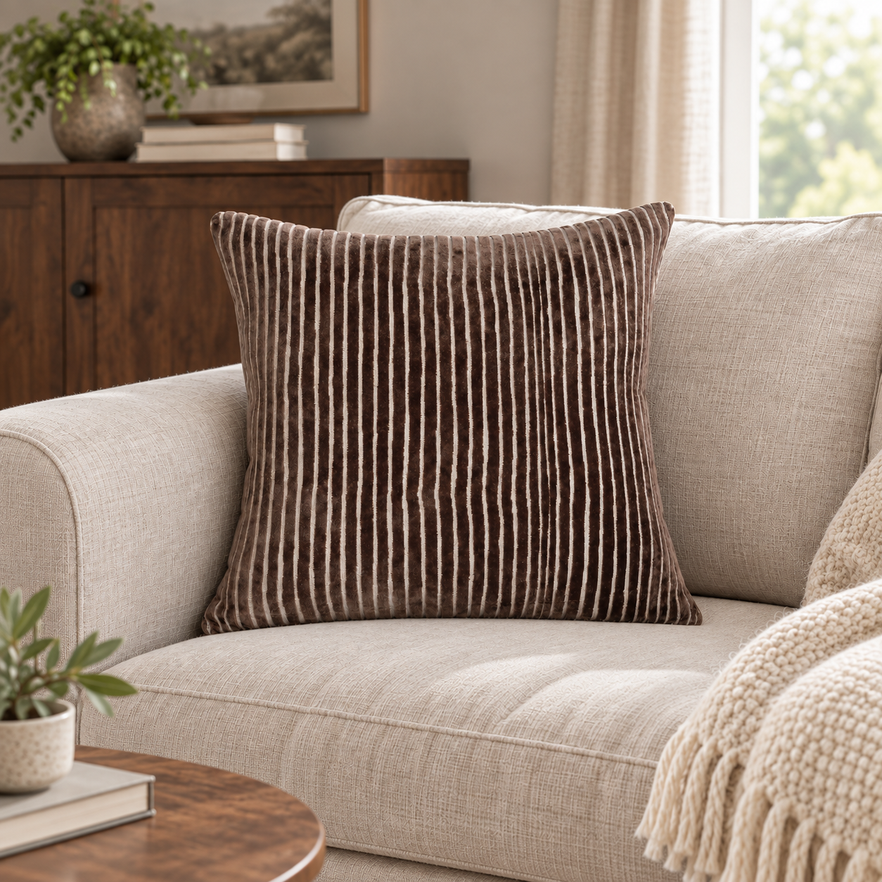 Malini Amalfi Chocolate Brown Velvet Square Cushion 56x56 in a naturally lit room