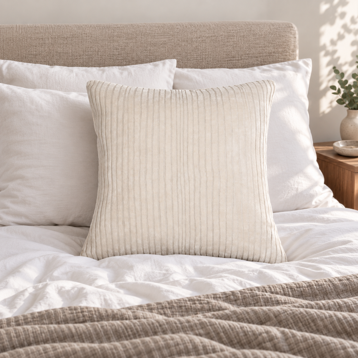 Malini Amalfi Ivory Velvet Square Cushion 56x56 in a naturally lit room