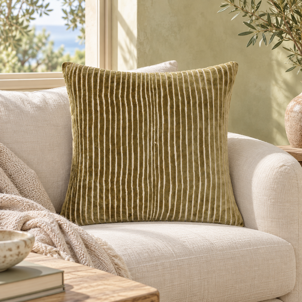 Malini Amalfi Olive Green Velvet Square Cushion 56x56 in a naturally lit room