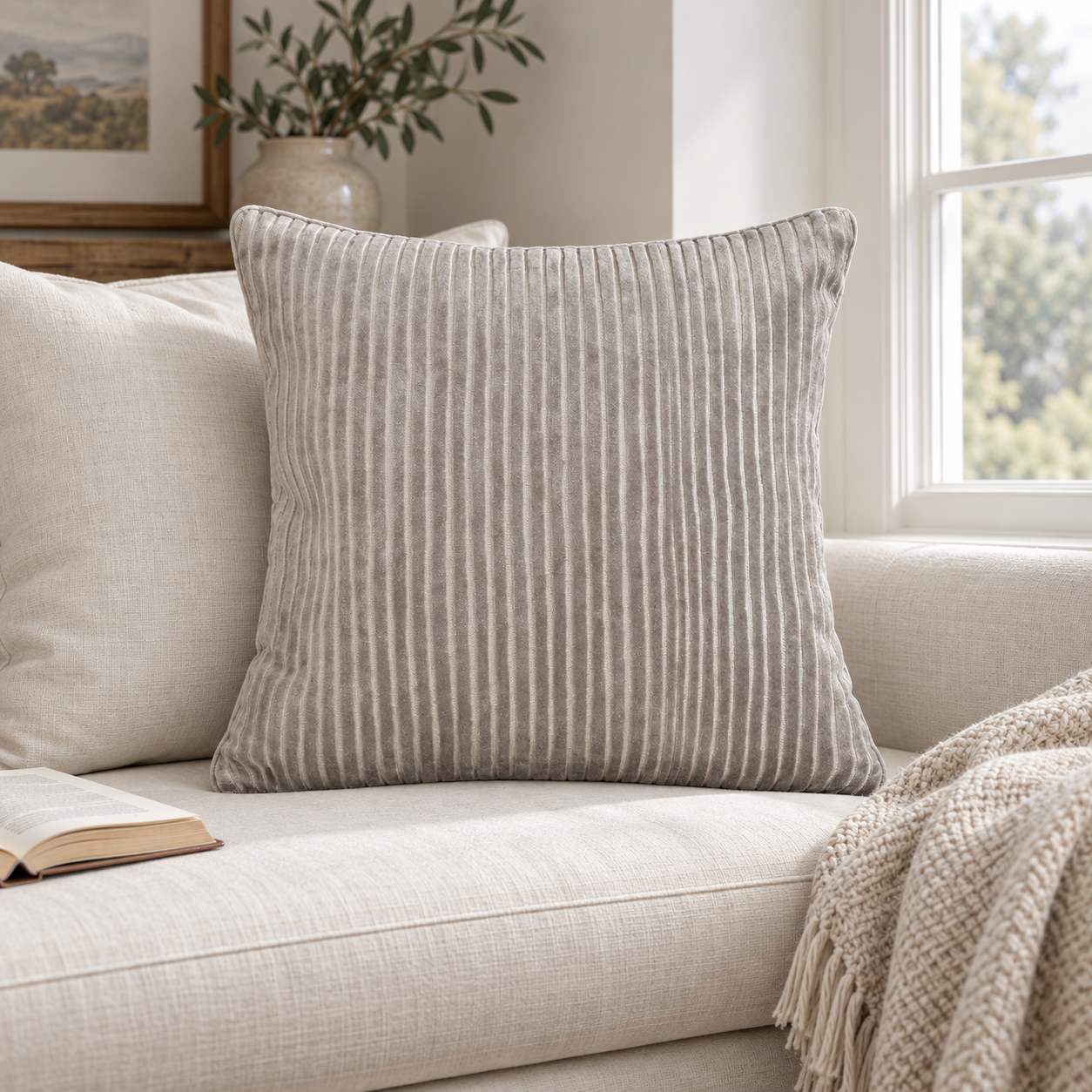 Malini Amalfi Taupe Velvet Square Cushion 56x56 in a naturally lit room