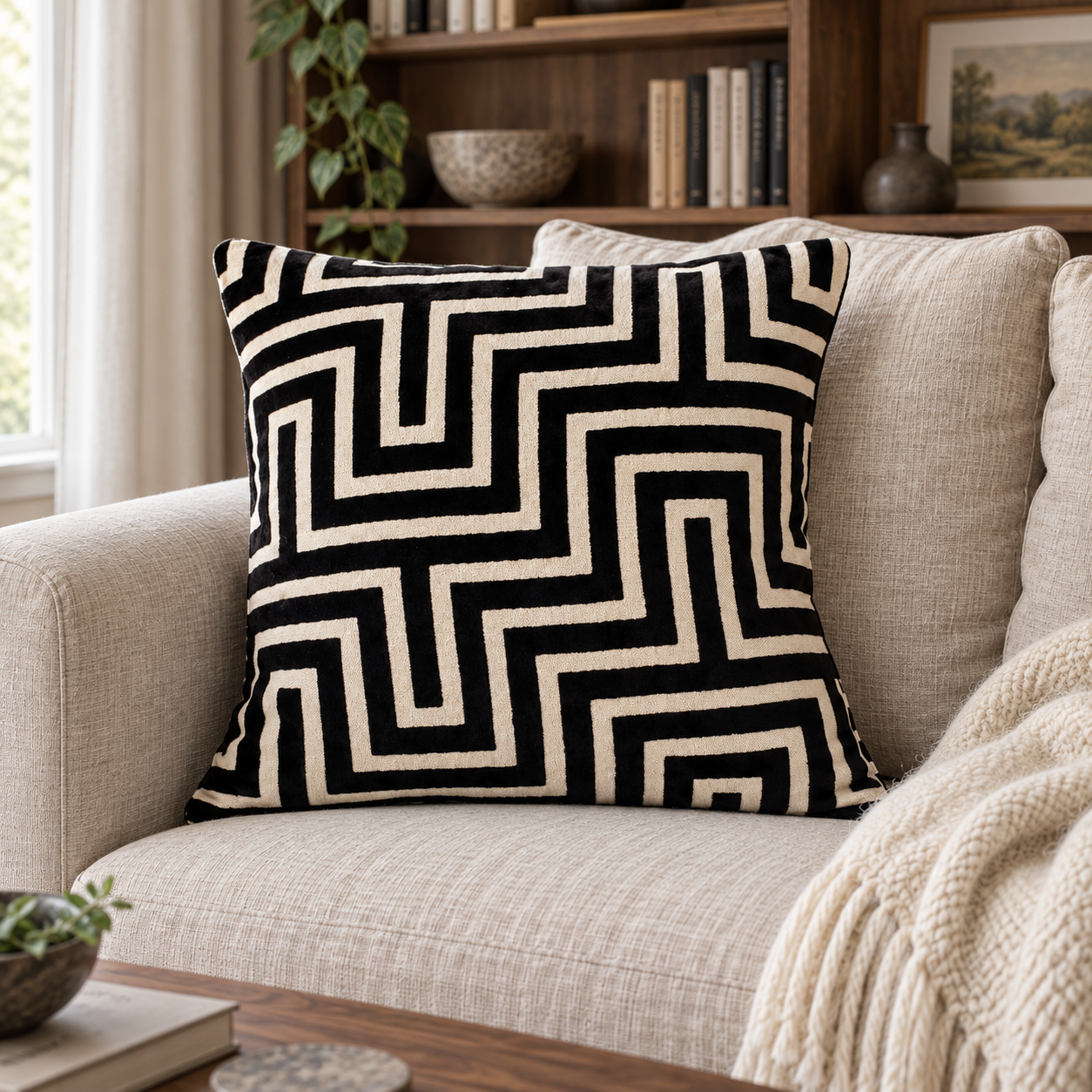 Malini Amazing Maze Velvet Black & White Square Cushion 56x56 in a cosy interior with natural daylight