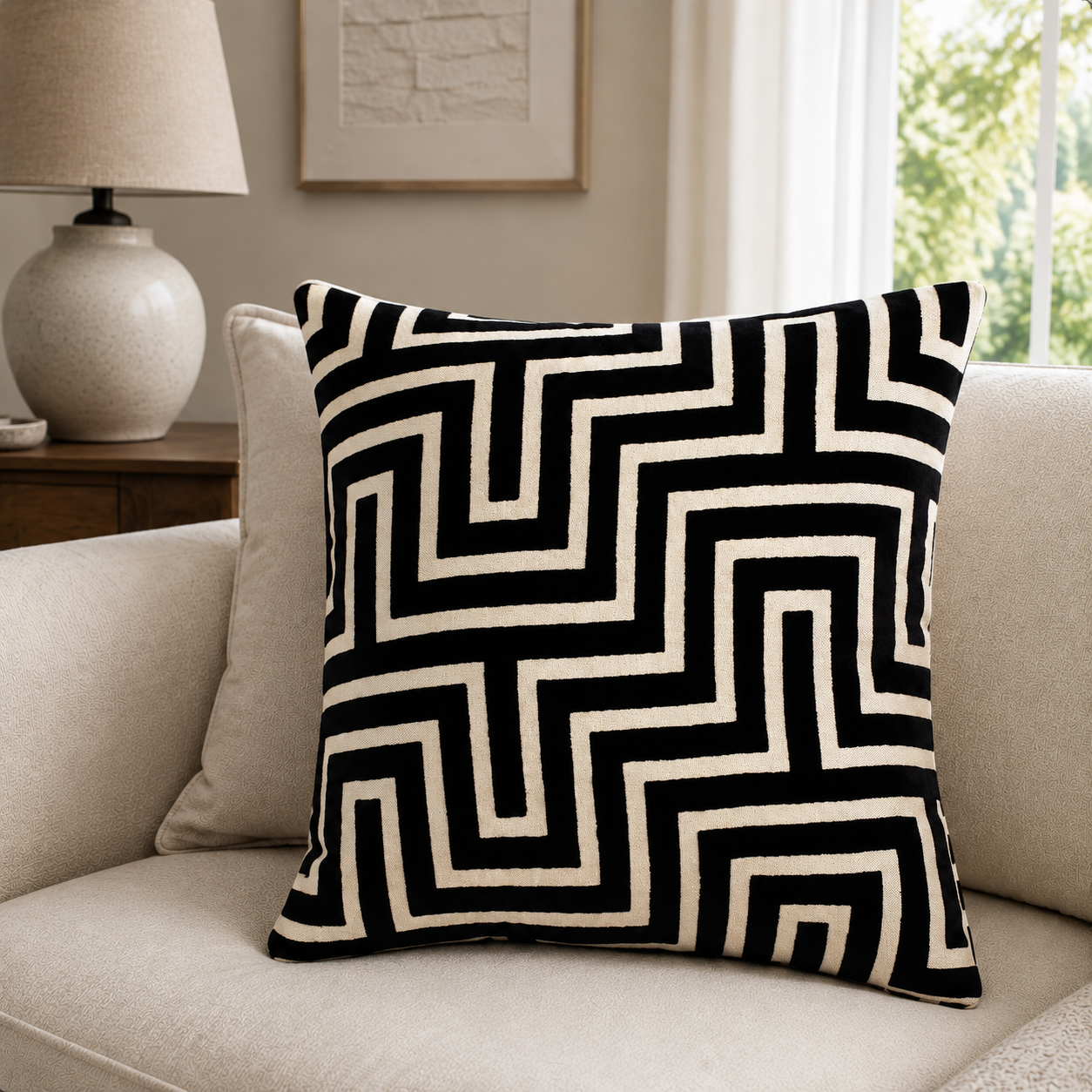 Malini Amazing Maze Velvet Black & White Square Cushion 56x56 lifestyle image