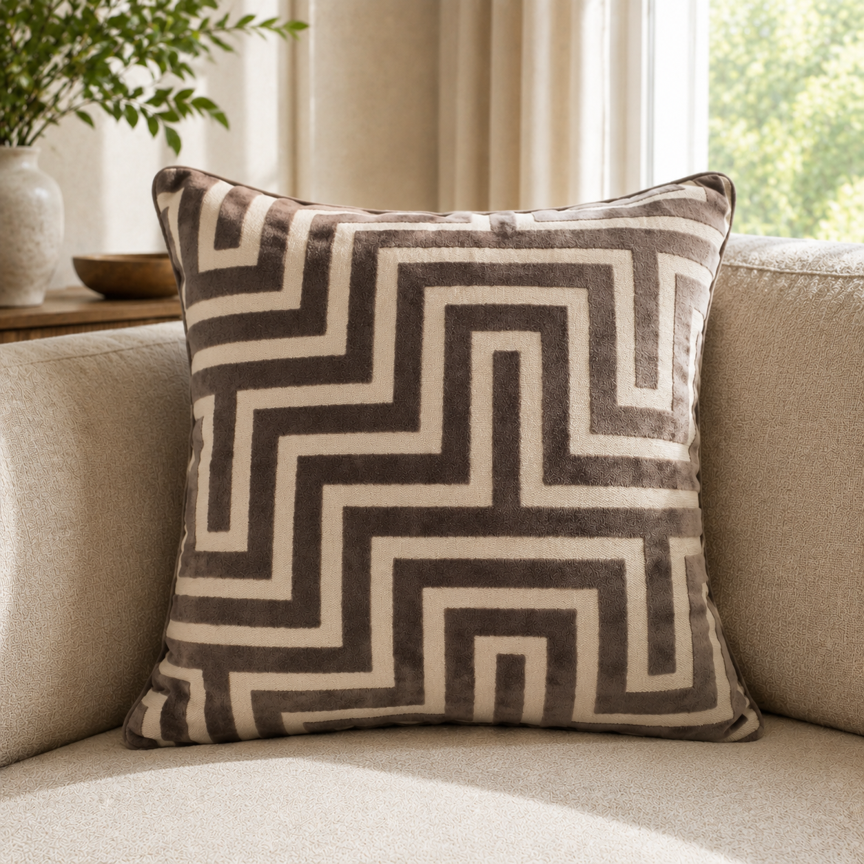 Malini Maze Cut Velvet Pm Choc Square Cushion 56x56 lifestyle image