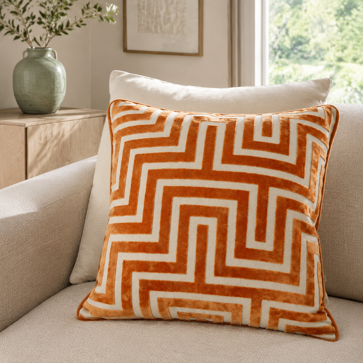 Malini Maze Cut Velvet Orange large cushion lifestyle