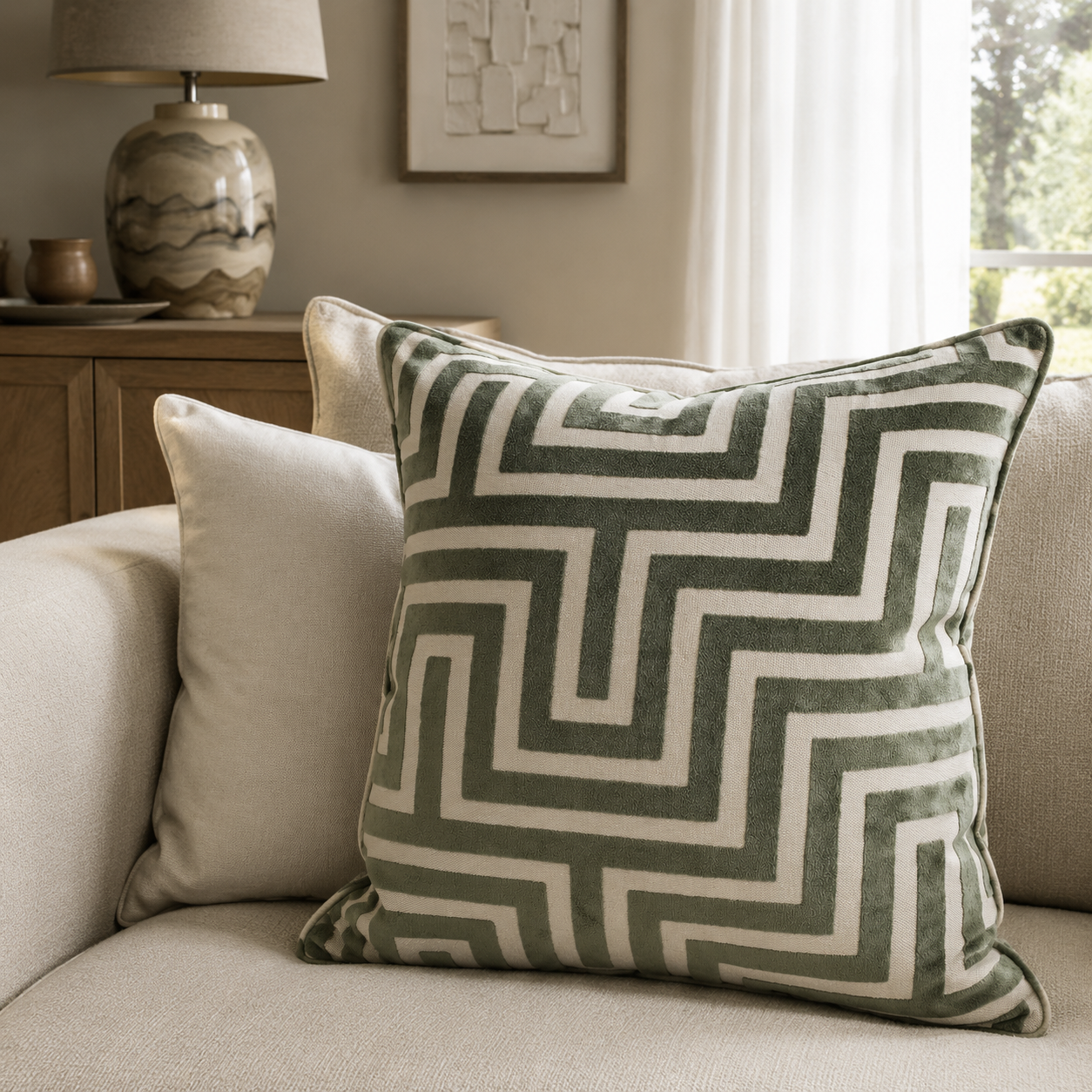 Malini Maze Cut Velvet Sage large cushion lifestyle