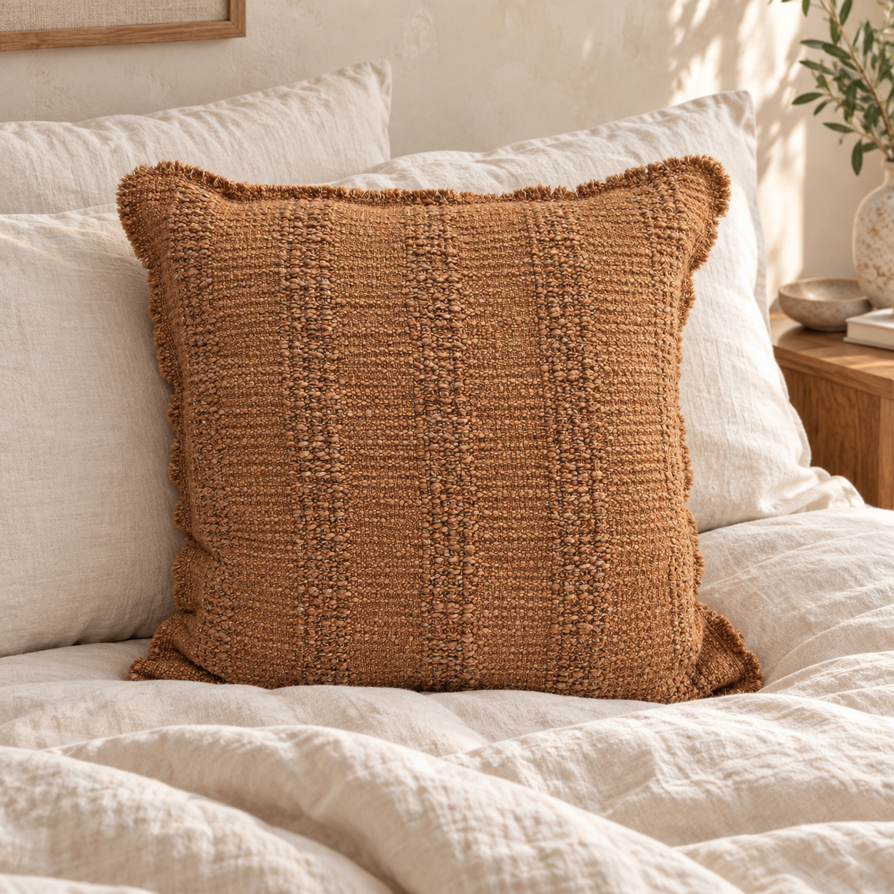 Malini Arbor Rust Orange Cotton Square Cushion 50x50 in a cosy interior with natural daylight