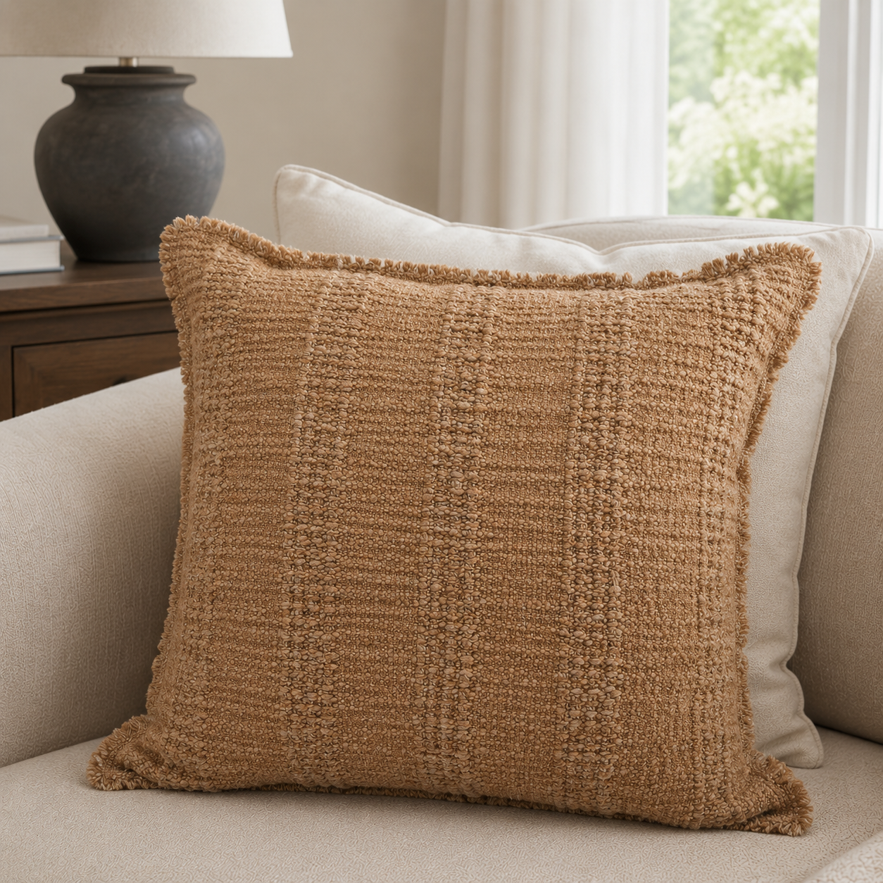 Malini Arbor Rust Orange cotton square cushion lifestyle