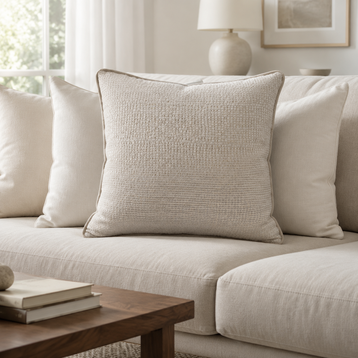 Malini Belissiomo Taupe Sparkle Jacquard Cushion 56x56 lifestyle image