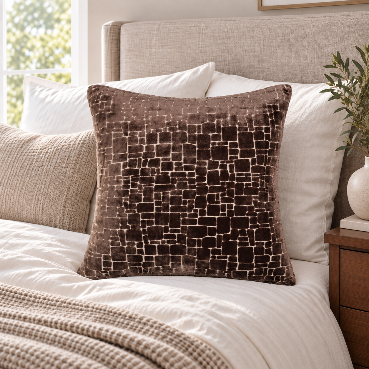 Malini Bergen Chocolate Brown Velvet Square Cushion 56x56 in a naturally lit room
