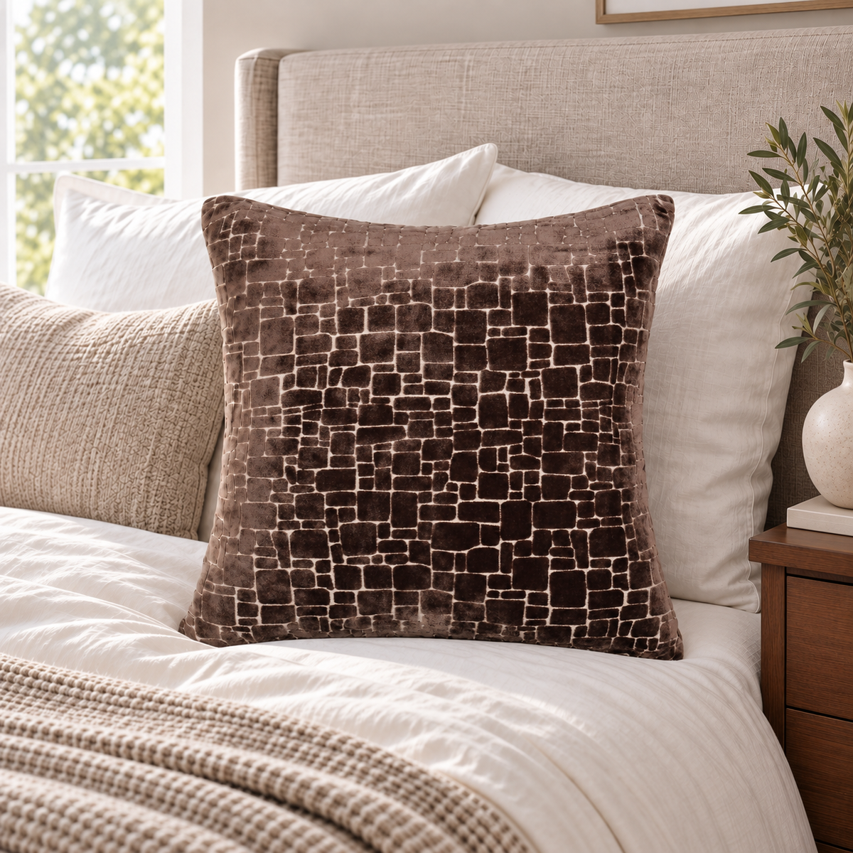 Malini Bergen Chocolate Brown Velvet Square Cushion 56x56 in a naturally lit room