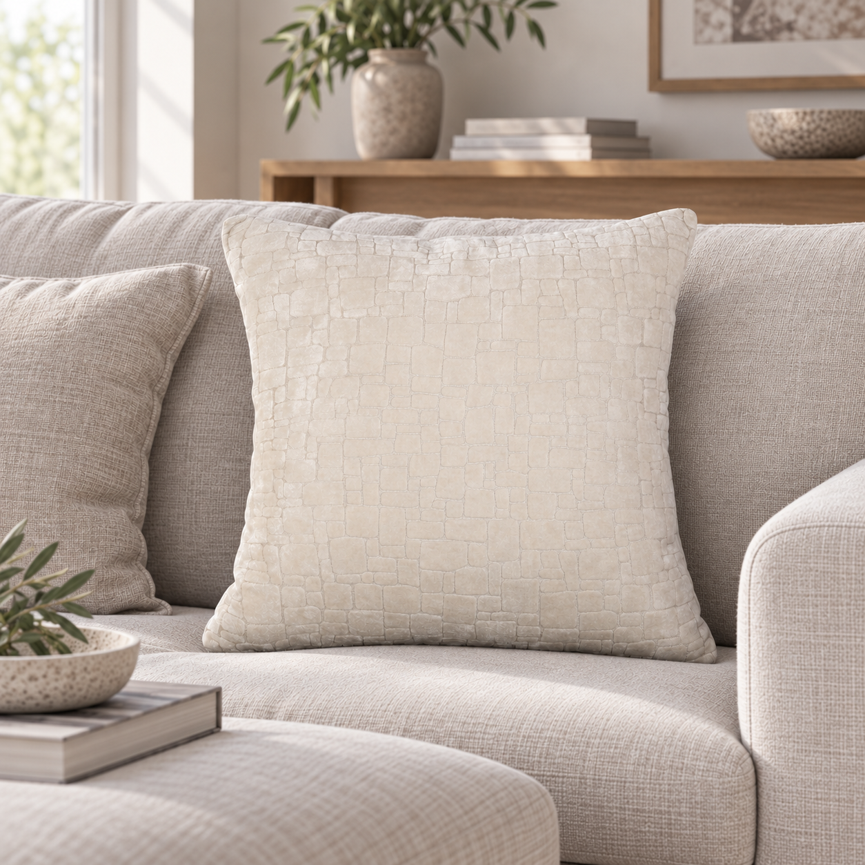 Malini Bergen Ivory Velvet Square Cushion 56x56 in a naturally lit room