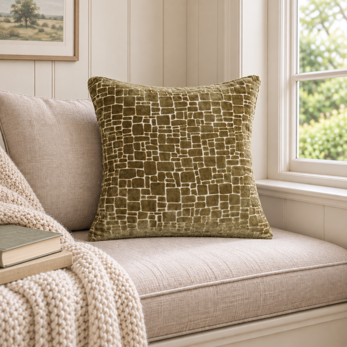 Malini Bergen Olive Green Velvet Square Cushion 56x56 in a naturally lit room