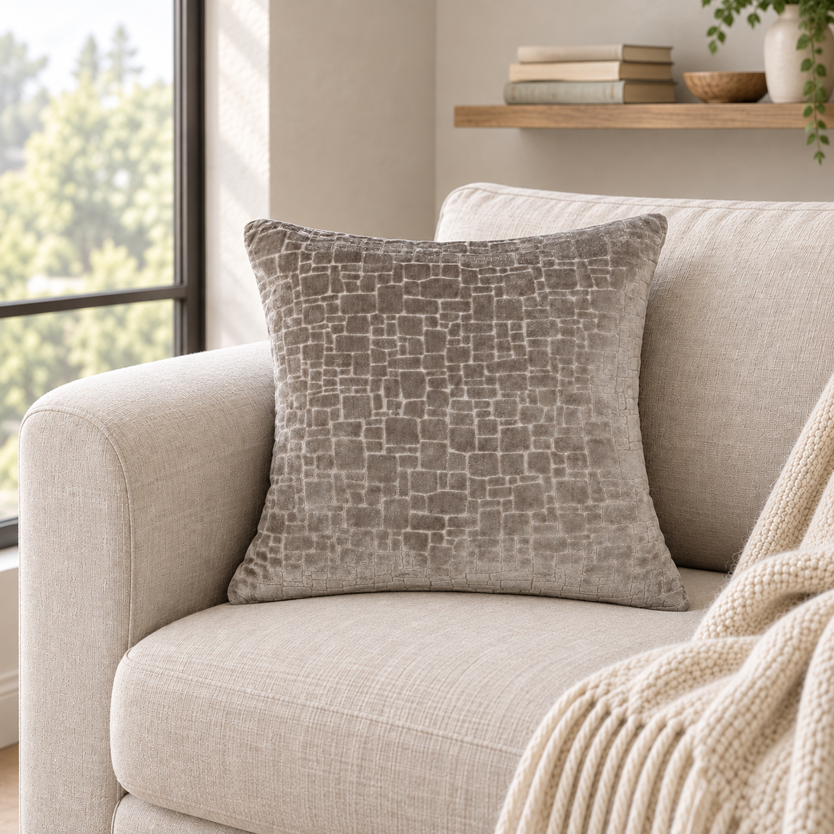 Malini Bergen Taupe Velvet Square Cushion 56x56 in a naturally lit room