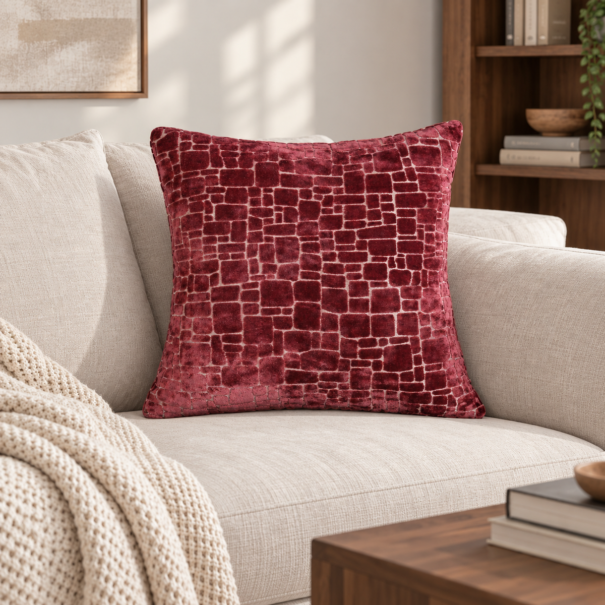 Malini Bergen Wine Red Velvet Square Cushion 56x56 in a naturally lit room