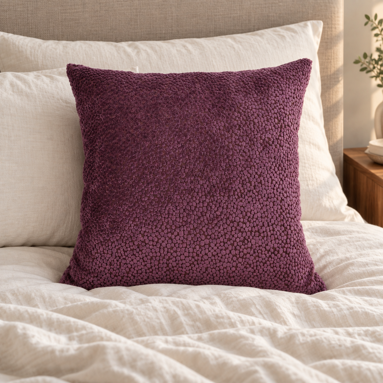 Malini Bingham Velvet Dots In Aubergine Square Cushion 56x56 in a cosy interior with natural daylight