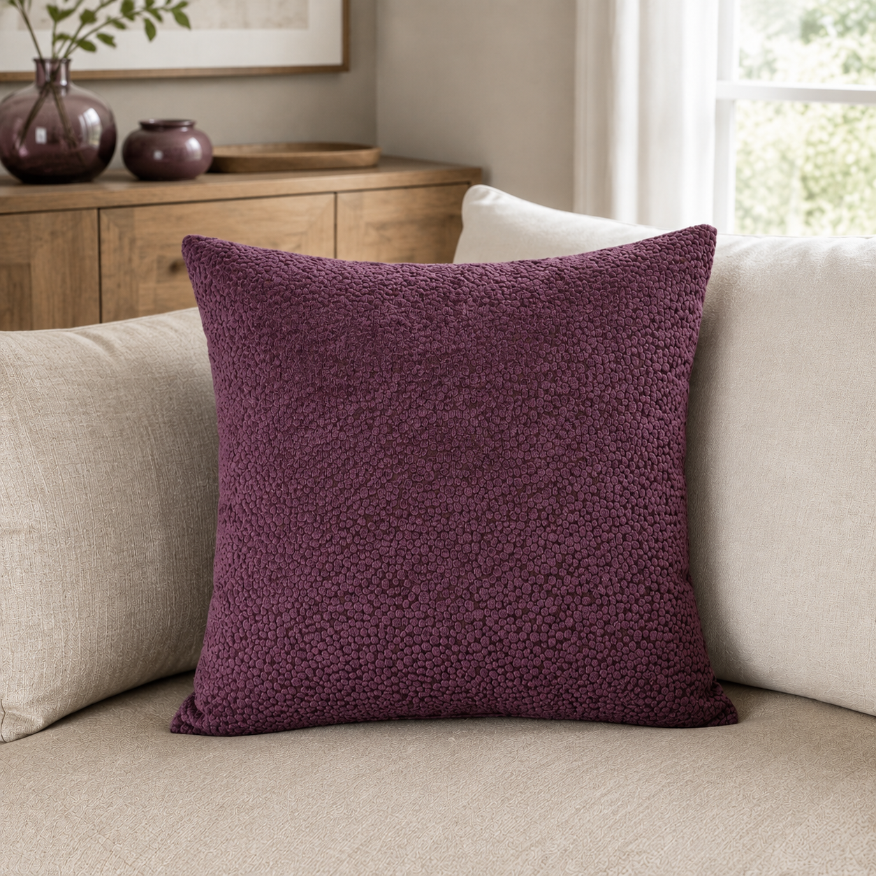 Malini Bingham Velvet Dots In Aubergine Square Cushion 56x56 lifestyle image
