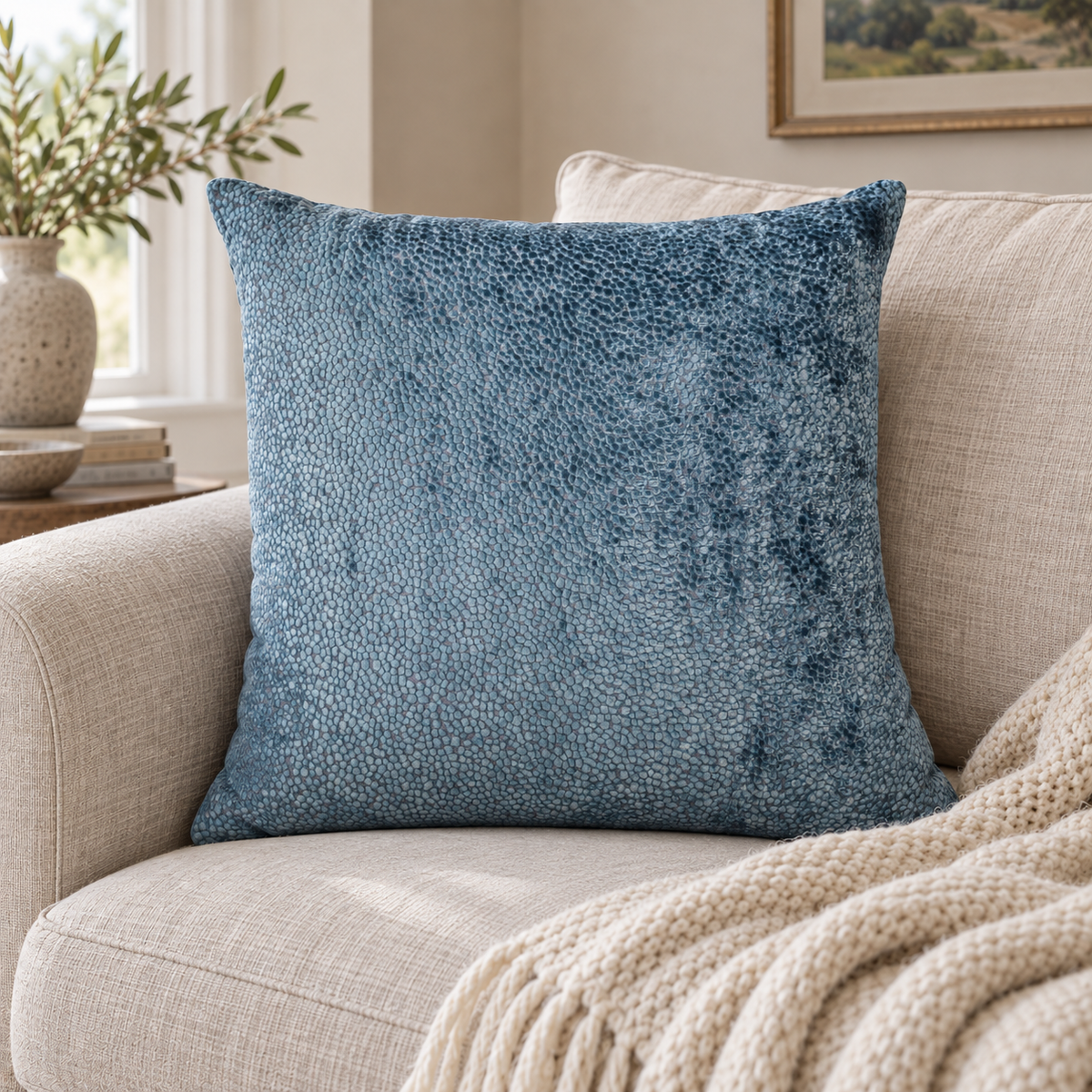 Malini Bingham Velvet Dots Blue Square Cushion 56x56 in a cosy interior with natural daylight