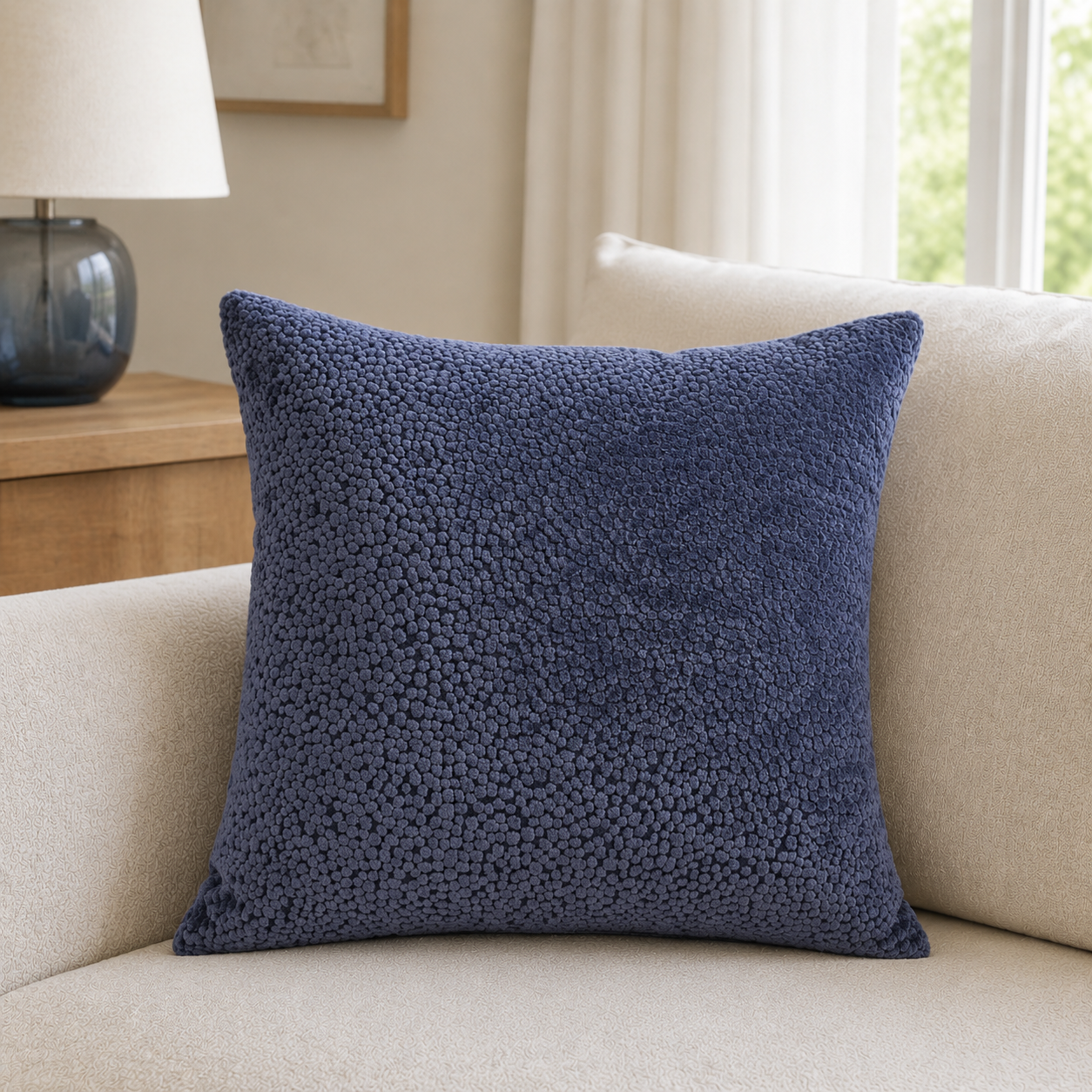 Malini Bingham Velvet Dots In Navy Square Cushion 56x56 lifestyle image