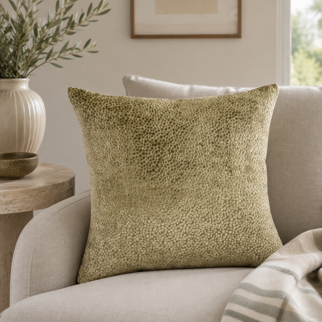 Malini Bingham Velvet Dots In Olive Green Square Cushion 56x56 lifestyle image