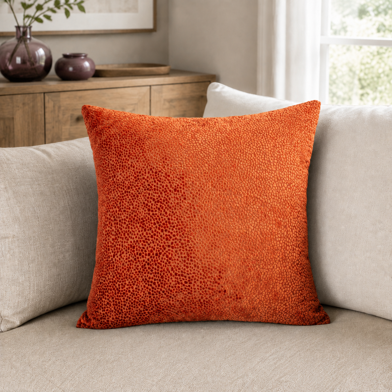Malini Bingham Velvet Dots Orange Square Cushion 56x56 lifestyle image
