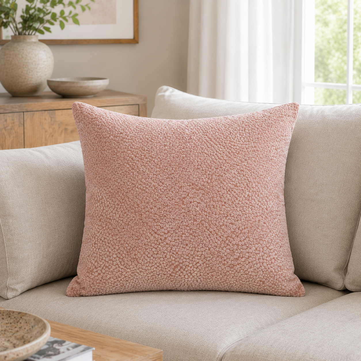 Malini Bingham Velvet Dots Pink Square Cushion 56x56 lifestyle image