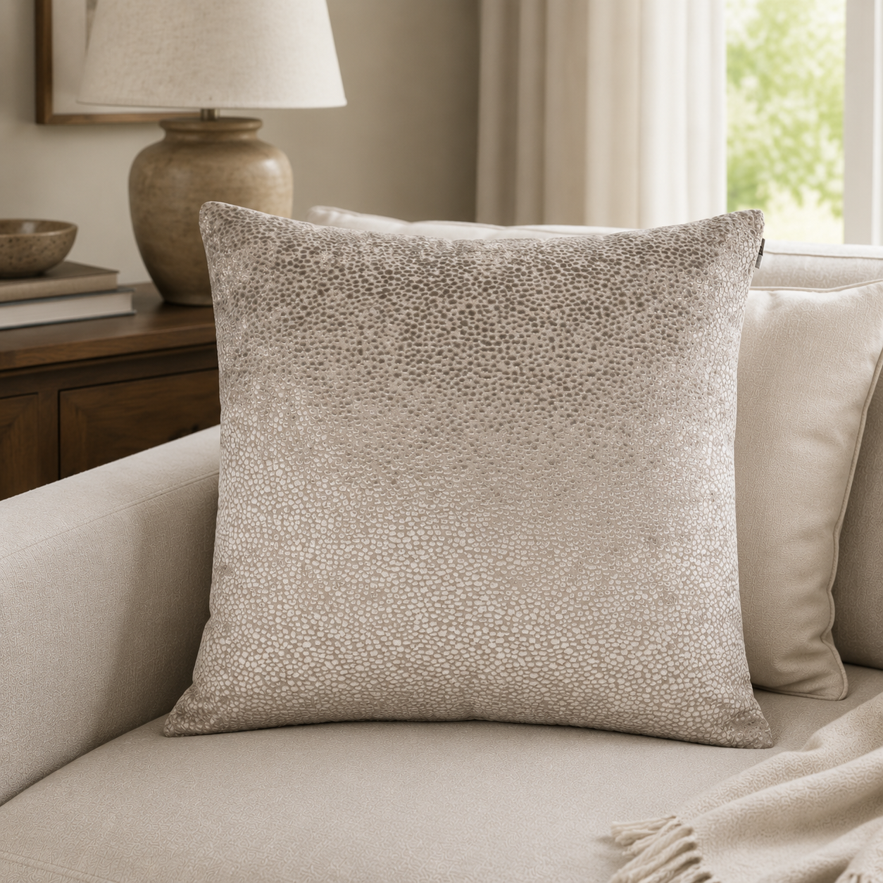 Malini Bingham Burnt Velvet Taupe Square Cushion 56x56 lifestyle image