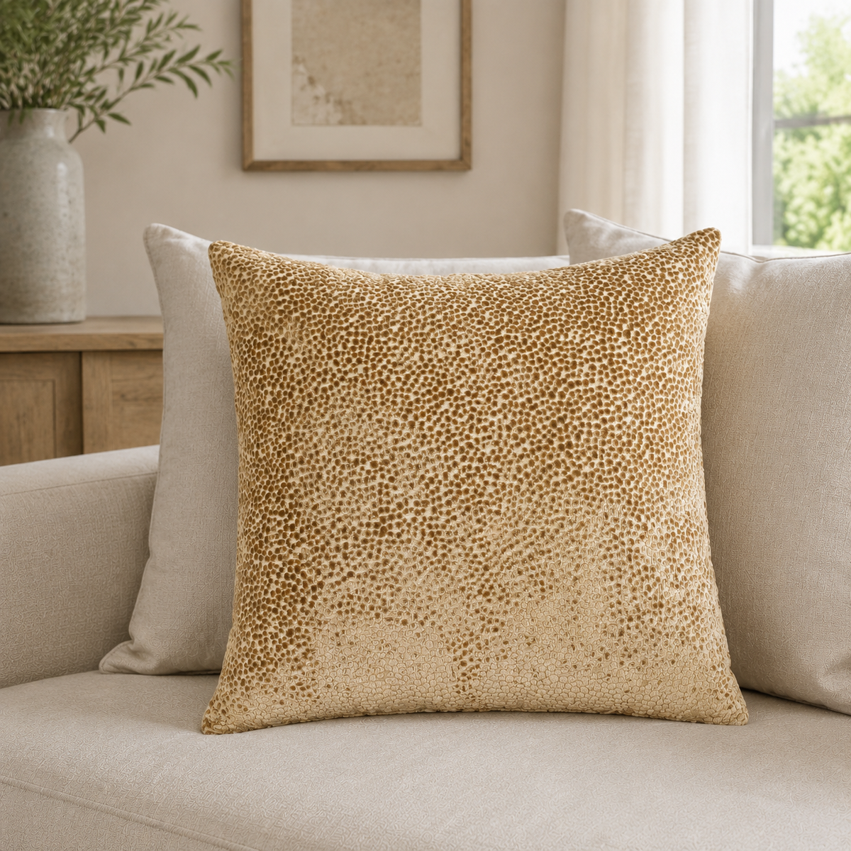 Malini Cut Velvets Dot Whiskey Square Cushion 56x56 styled on light neutral furniture