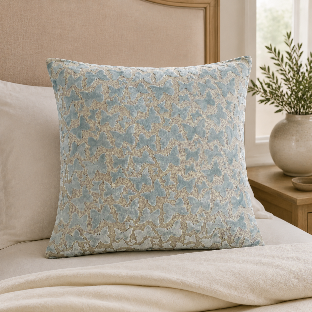 Malini Butterfly Baby Blue Velvet Square Cushion 50x50 lifestyle image