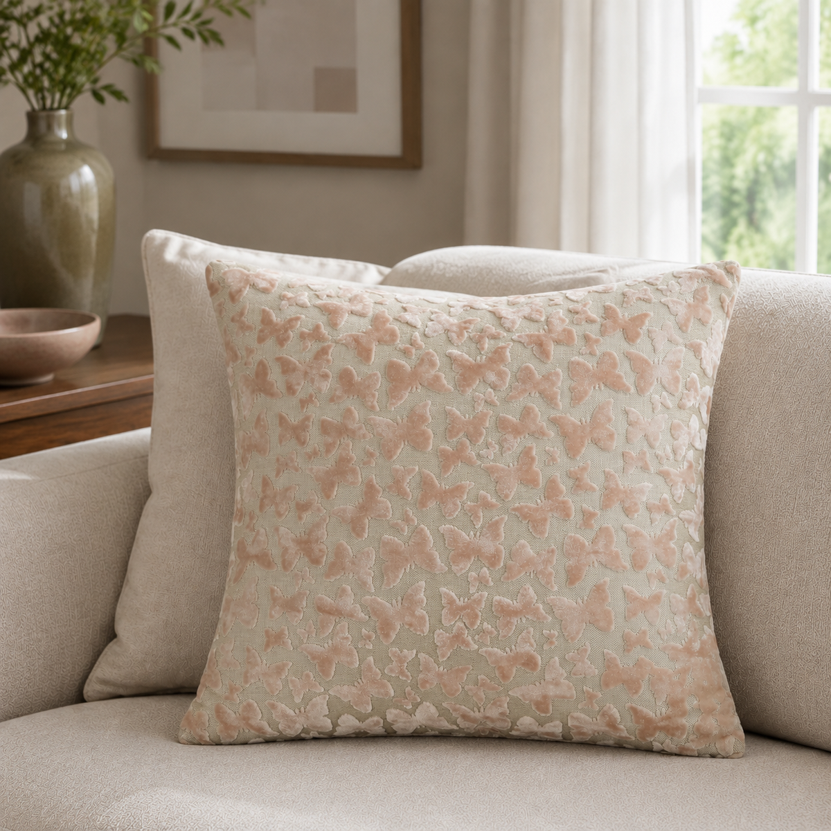 Malini Butterfly Baby Pink velvet square cushion lifestyle