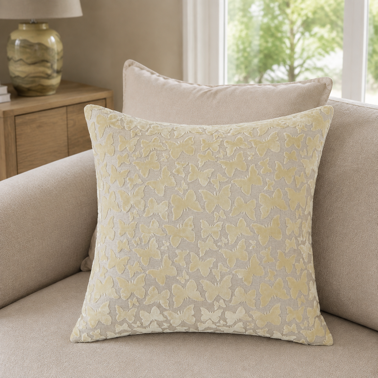 Malini Butterfly Buttercup Yellow velvet square cushion lifestyle