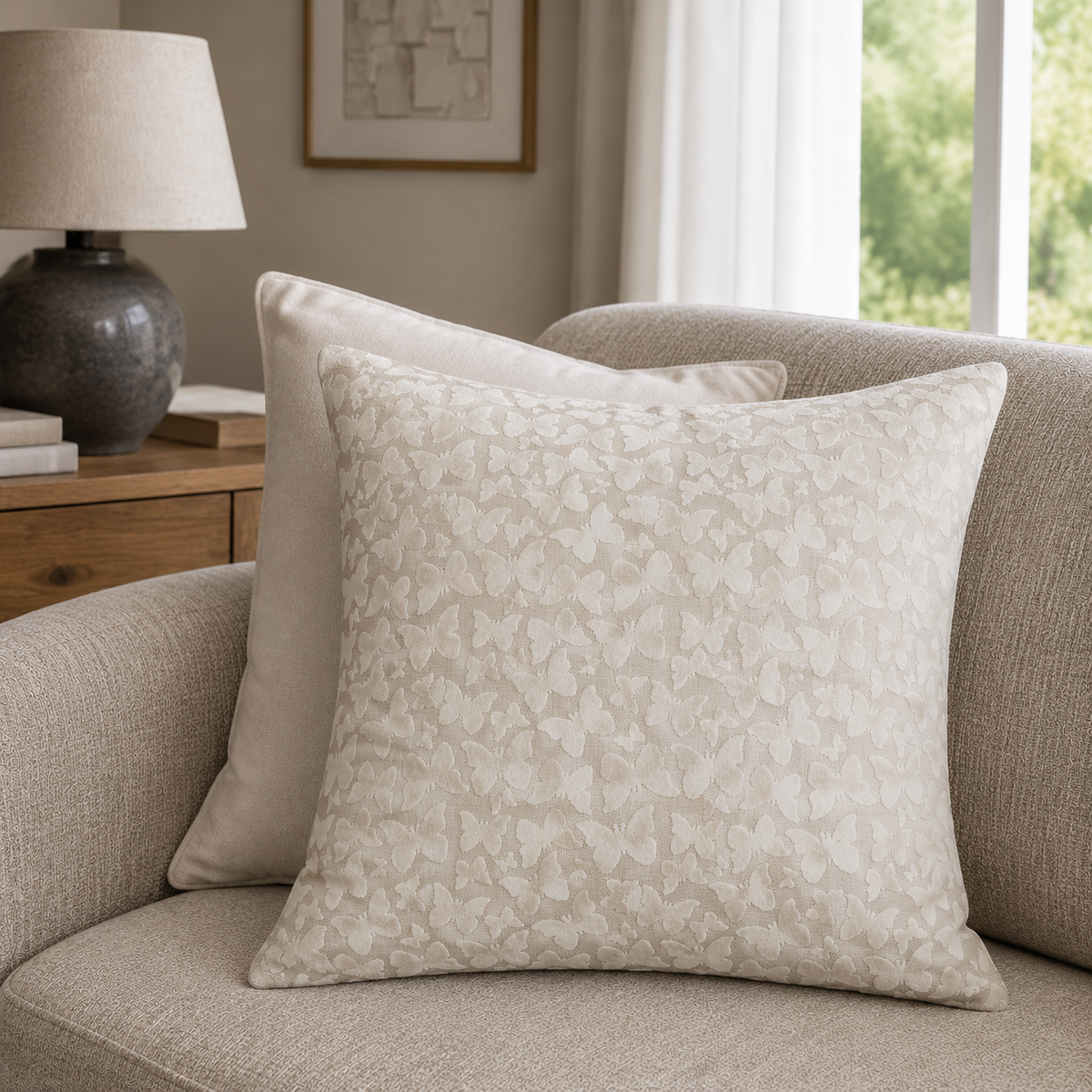 Malini Butterfly Ivory velvet square cushion lifestyle