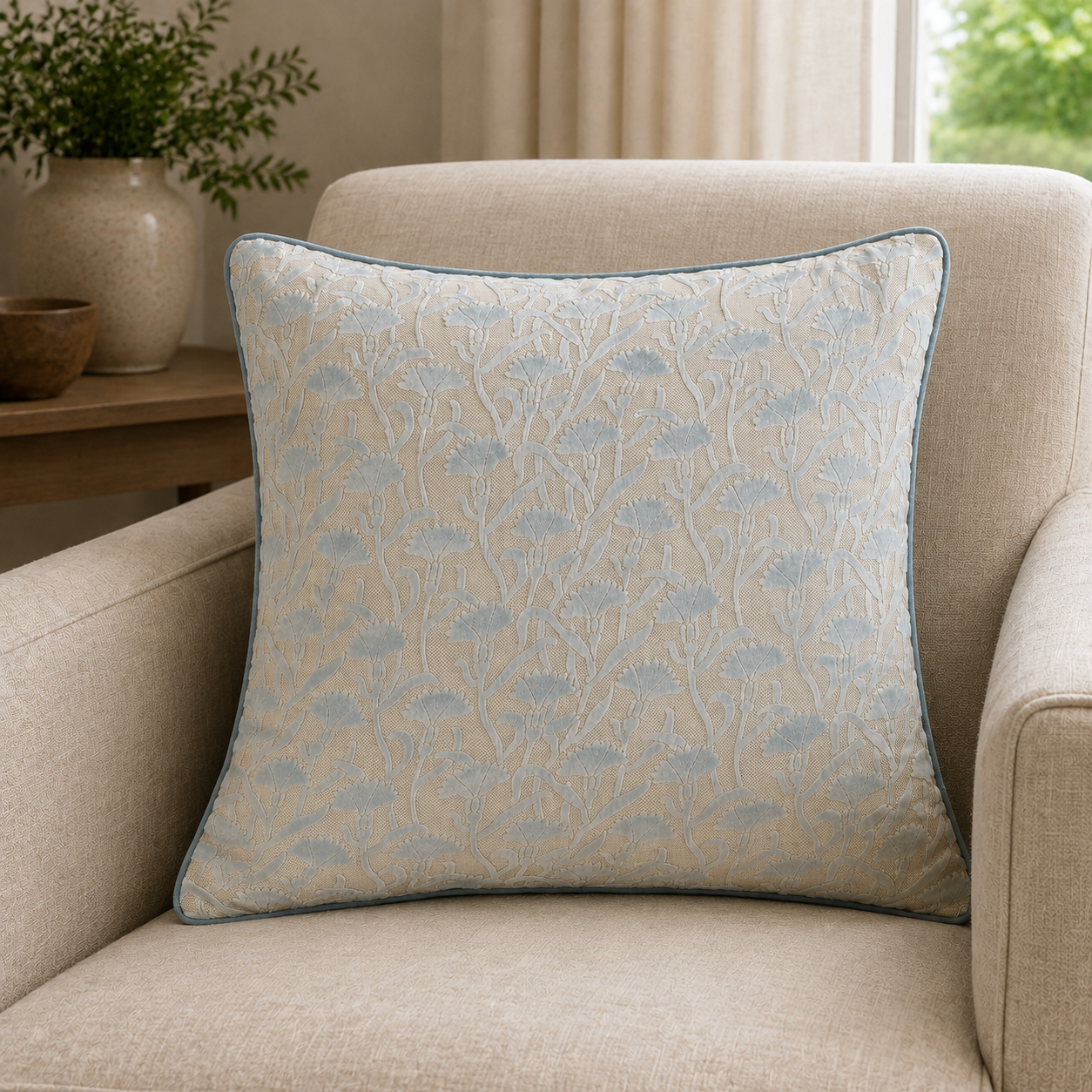 Malini Cassia Baby Blue Velvet Square Cushion 50x50 lifestyle image