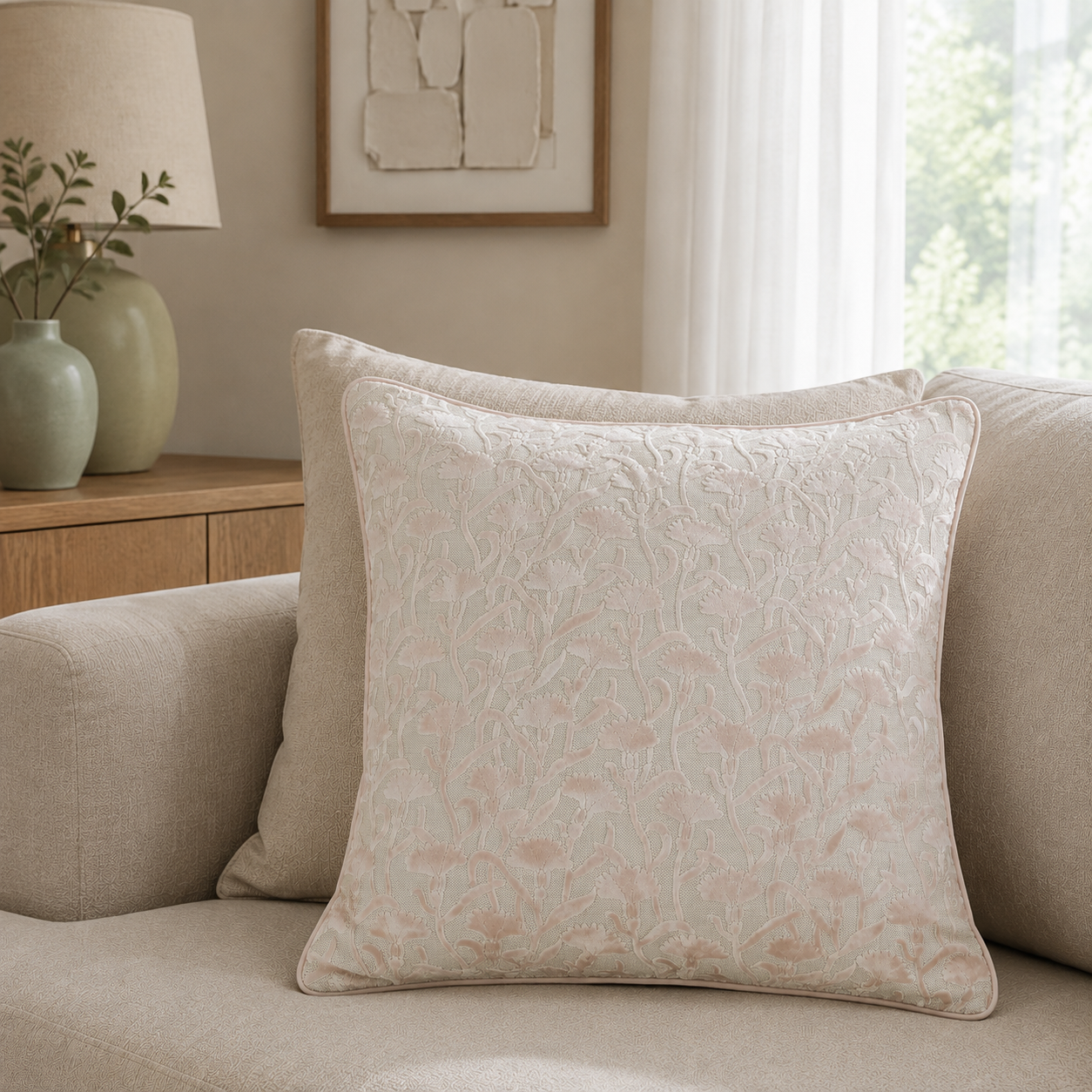 Malini Cassia Baby Pink velvet square cushion lifestyle