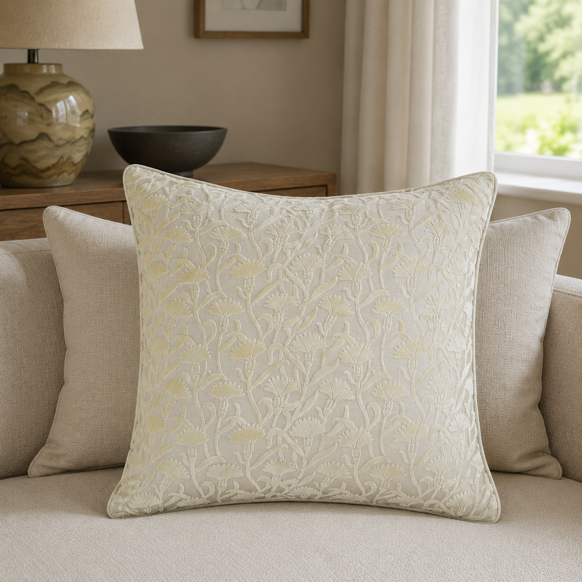 Malini Cassia Buttercup Yellow velvet square cushion lifestyle