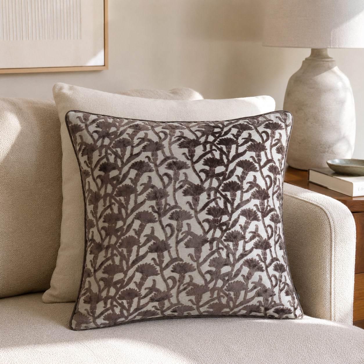 Malini Cut Velvet Floral Choc Rev Velvet Square Cushion 50x50 lifestyle image