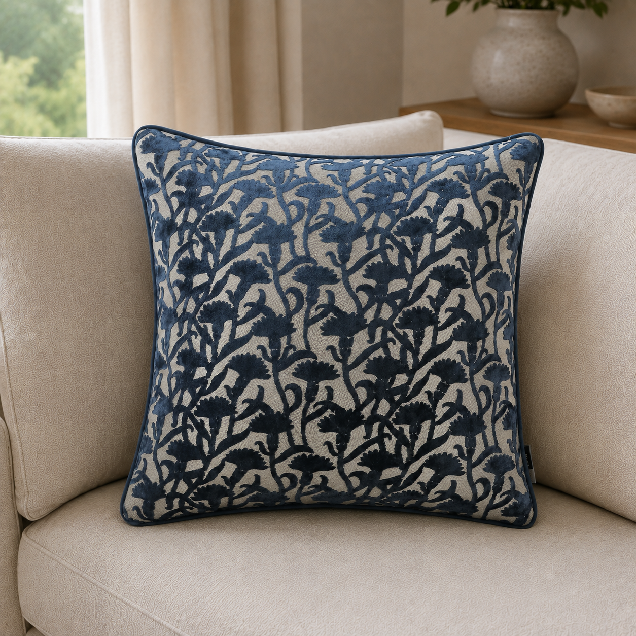 Malini Cut Velvet Floral Navy Rev Square Cushion 50x50 lifestyle image