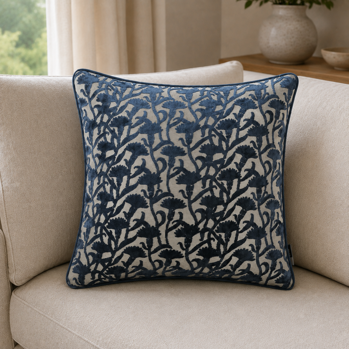 Malini Cut Velvet Floral Navy Rev Square Cushion 50x50 lifestyle image