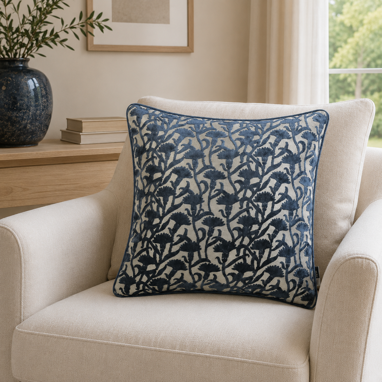 Malini Cut Velvet Floral Navy Rev Square Cushion 50x50 lifestyle image