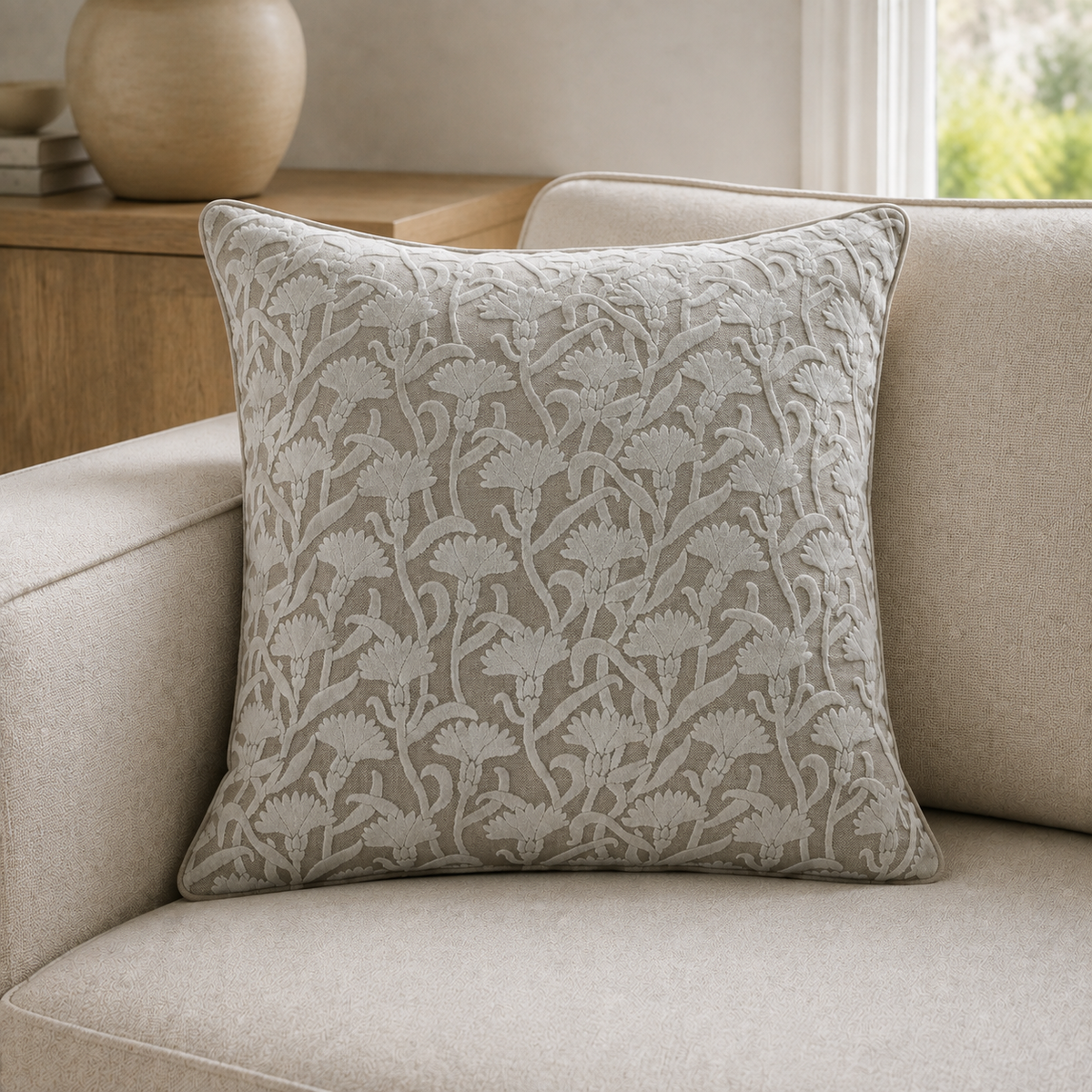 Malini Cut Velvet Floral Taupe Rev Velvet Square Cushion 50x50 lifestyle image