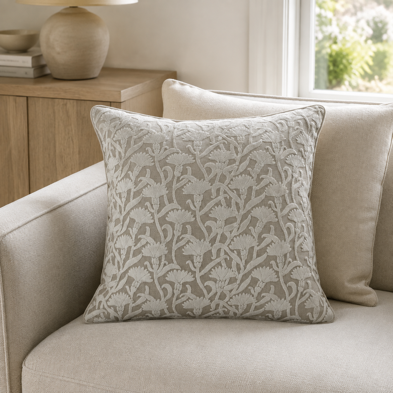 Malini Cut Velvet Floral Taupe Rev Velvet Square Cushion 50x50 lifestyle image