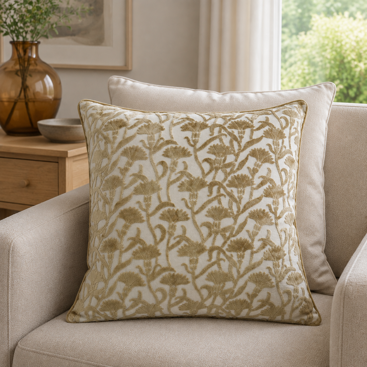 Malini Cut Velvet Floral Whiskey Rev Velvet Square Cushion 50x50 lifestyle image