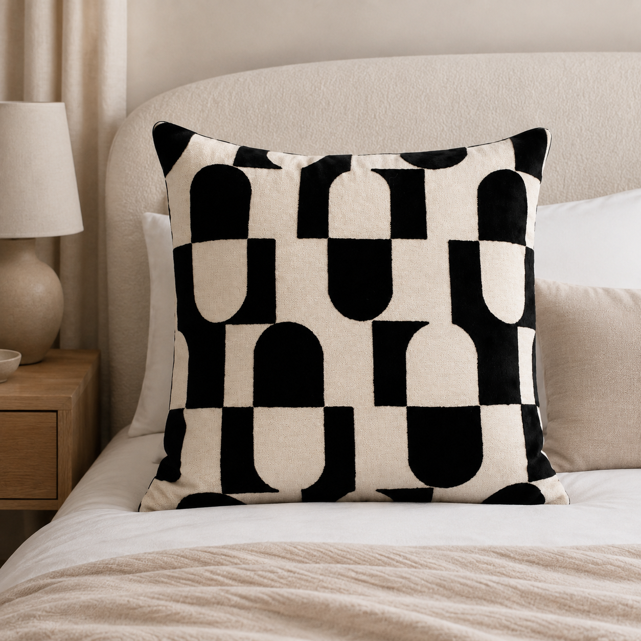 Malini Paul Moneypenny Black Pill Square Cushion 56x56 lifestyle image