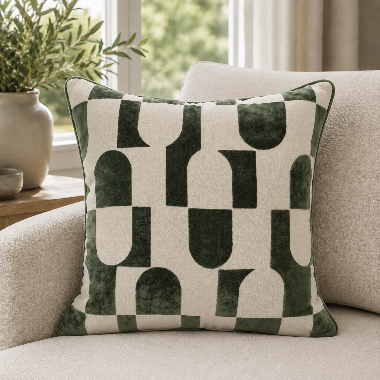 Malini Paul Moneypenny Chillpill Sage Square Cushion 56x56 lifestyle image