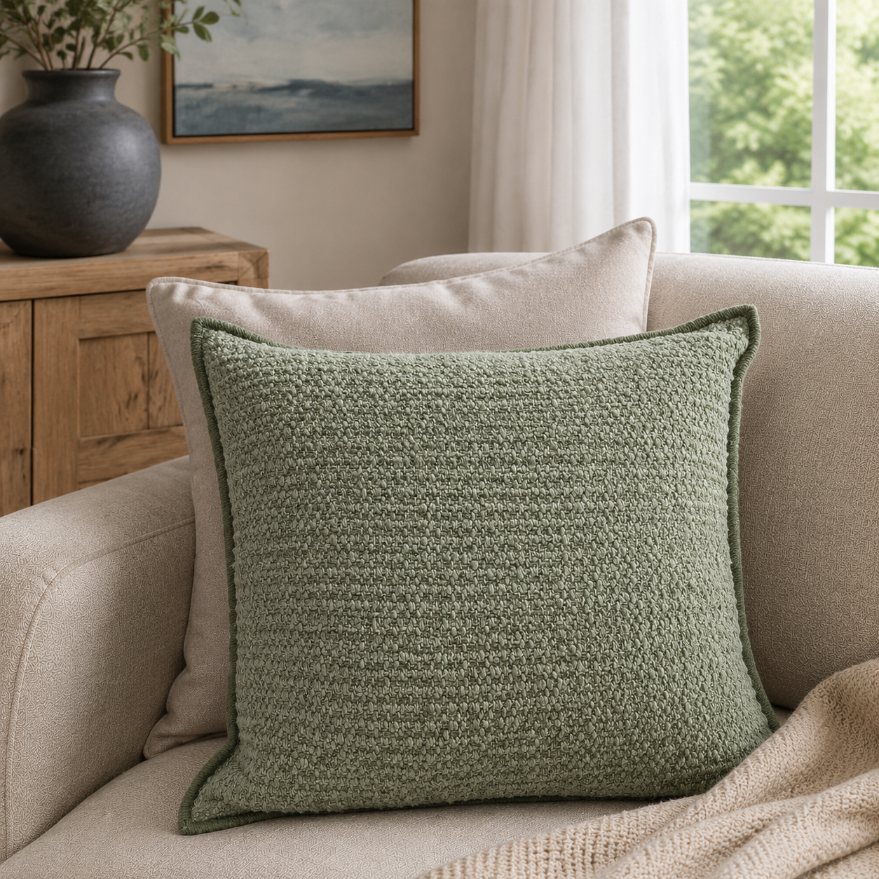 Malini Ciela Light Green square cushion lifestyle