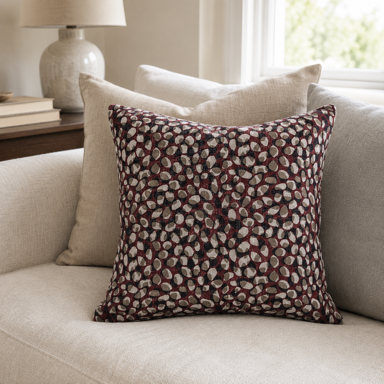 Malini Dapple pebbly design cream and brown cushion lifestyle image